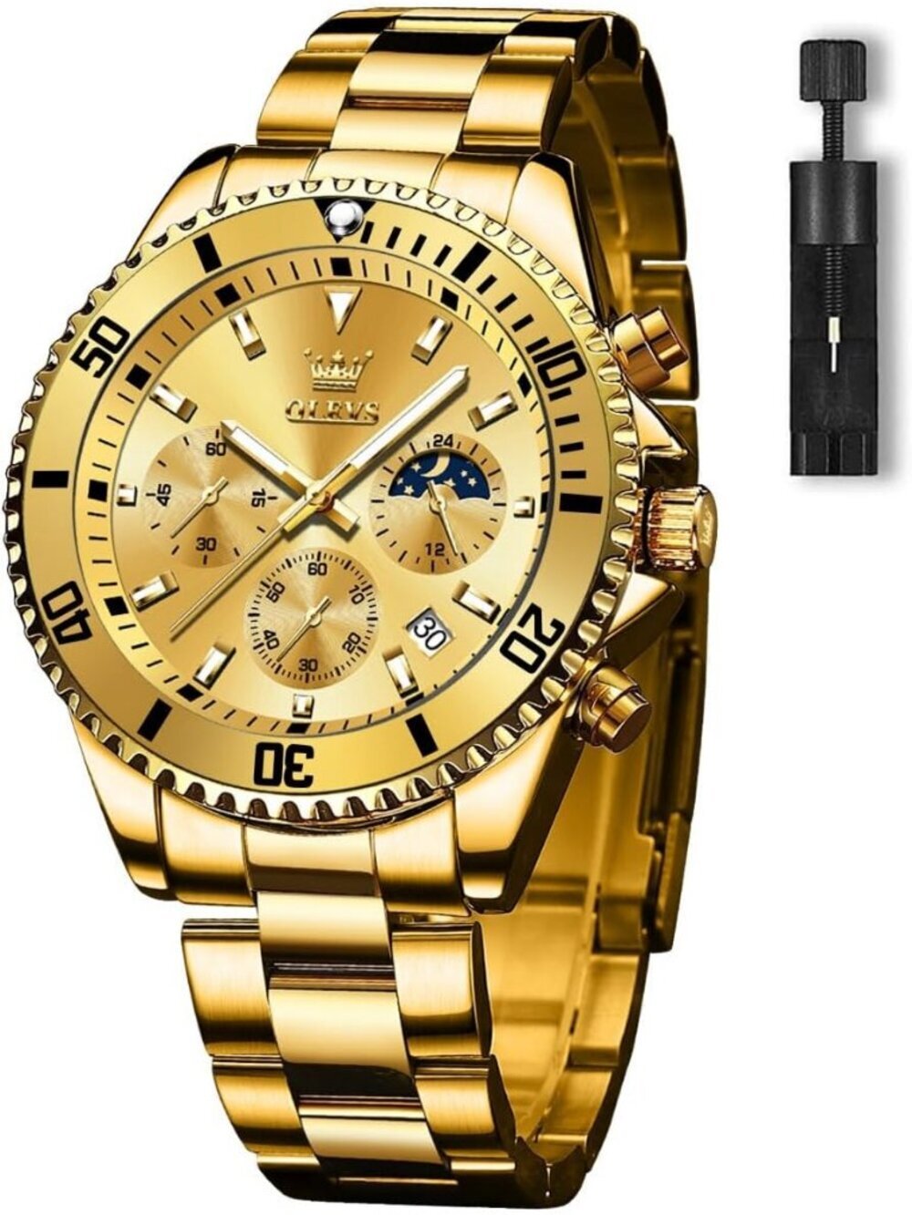 Men's All Gold Premium Solid Stainless Analog Rotatable Bezel Date Steel Watch